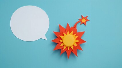 Poster - Vibrant paper illustrations combining pop art and manga aesthetics, showcasing a fiery cartoon bomb with a white dialogue balloon on blue.
