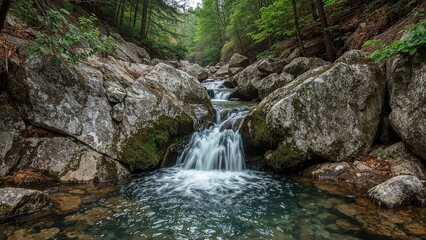 Wall Mural - nature scene featuring water moving over boulders in a forested area.