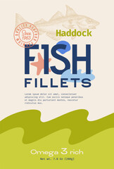 Wall Mural - Seafood Fish Vector Label Design Package Background Layout Template. Hand Drawn Haddock Illustration and Modern Typography. Fish Silhouette Product Banner With Pattern and Engraved Drawing