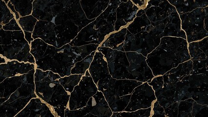 Poster - Glossy black marble with golden vein accents, organic design background, abstract palette of black, white, and gold, high-gloss marble texture ideal for digital wall tiles.