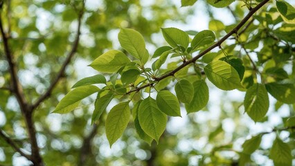 Poster - Macro image of a branch bearing unopened leaves with a blurred daytime background, emphasizing flora and the essence of spring and summer