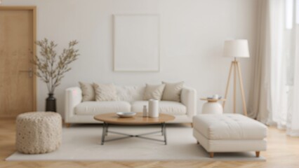 Poster - Soft-focus backdrop of a tranquil lounge area with a beige couch and muted tones, offering a warm and welcoming vibe ideal for comfort and contemporary style.