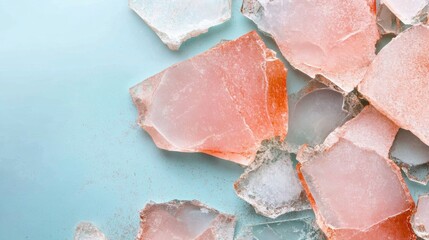 Poster - Colorful crystals scattered on a light blue surface in natural light