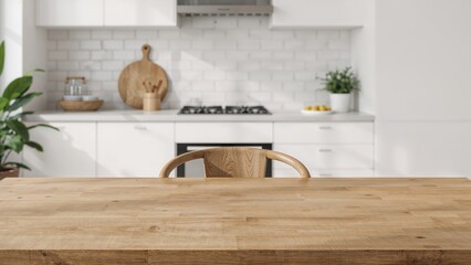 Poster - Wooden tabletop with open area for product placement or mockup next to a chair in a bright kitchen setting with a cutting board and textured brick wall illuminated by morning sunlight. Space for text.