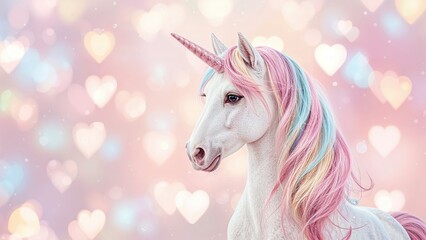 Poster - Enchanting Love-Themed 2D Pattern with Pastel Unicorns and Heart Bokeh