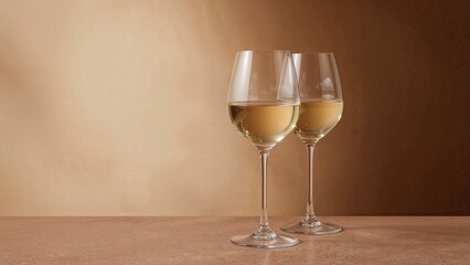 Poster - Two white wine glasses positioned next to each other in a detailed view on a broad, abstract brown background with room for text