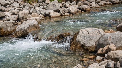Poster - A gentle brook runs across a bed of brown stones with clear blue water.