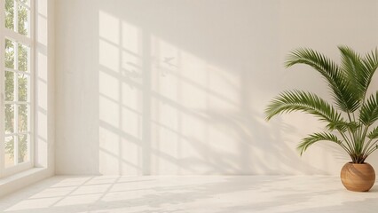 Poster - Empty beige room featuring window shadows, floral and palm leaf silhouettes