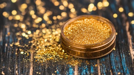 Poster - Shimmering gold glitter in container and scattered on wooden surface