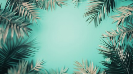 Aufkleber - Lush green palm leaves frame a tranquil blue background in a natural setting