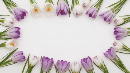 Wall Mural - Fresh spring crocus petals and a note card displayed from above on white