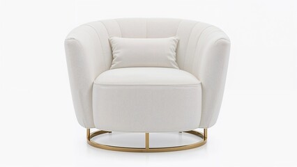 Poster - Modern white sofa supported by a gold metal foundation. Armchair wrapped in dense fabric with curved padding. Equipped with a white cushion that has a cotton-like texture. Sofa isolated on a white