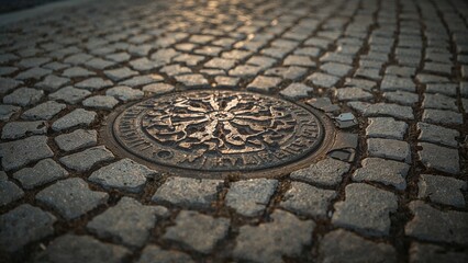Poster - Zoomed-in perspective of cobbled stone surface with circular cover, highlighting design and architectural texture. Ideal background material.