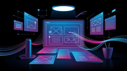 digital interface design concept with glowing neon lines and screens image