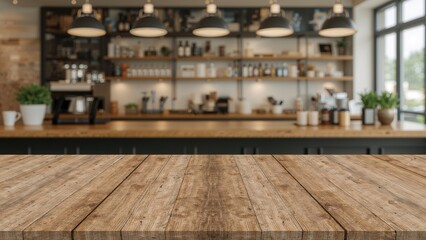 Poster - Mockup of a wooden restaurant table with a soft-focus cafÃ© setting