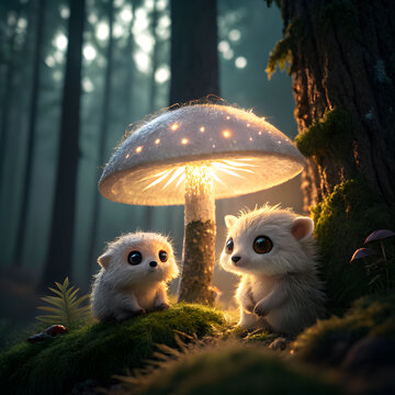 Two adorable fantasy creatures rest peacefully beneath a glowing mushroom in a magical forest.
