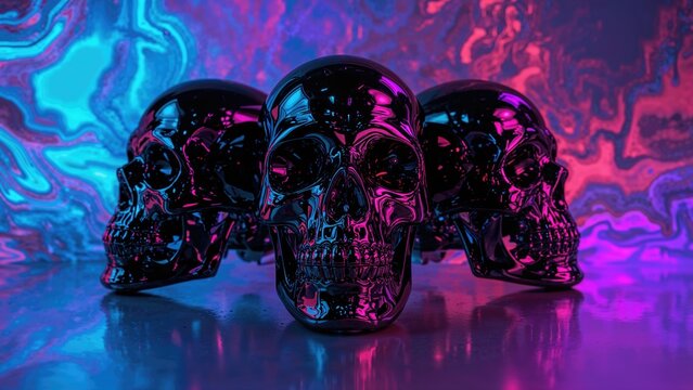 Visual representation of a three-skull sculpture crafted from polished black metal, displayed with a vivid vaporwave style.