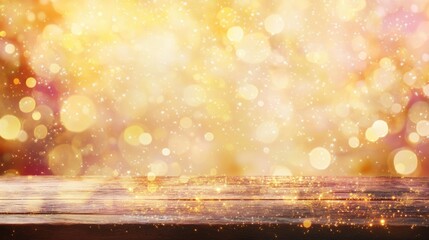 Poster - Golden bokeh background with wooden surface suitable for various events