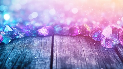 Poster - Colorful crystal stones shimmering on wooden surface in soft light