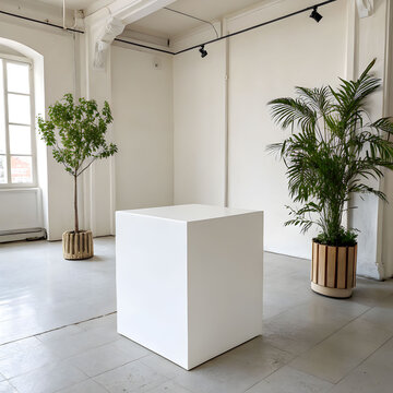 A clean white box display sits in a minimalist room, accented by a single green plant