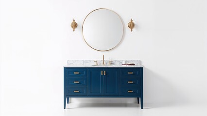 Poster - Blue bathroom vanity with marble surface paired with gold sink, lighting fixture, and a round mirror.