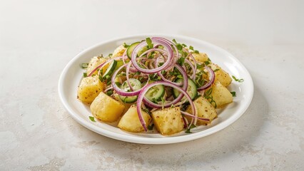 Poster - Dish presenting herring salad with boiled potatoes, pickled cucumbers, and red onion arranged on a soft stone backdrop.