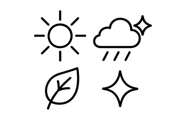 Poster - Minimalist weather and nature icon set, black line art. Sun with rays, rainy cloud with sparkle star, leaf eco symbol. Thin stroke outline illustration for UI infographic vector