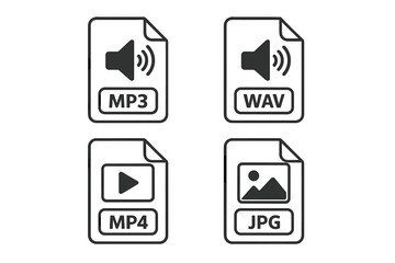 Aufkleber - Media file format icon set – outline MP3, WAV, MP4 audio video, JPG image symbols. Digital multimedia extension icons, black vector illustration for UI, web design, educational infographic