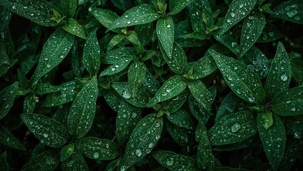 Wall Mural - Dew-covered leaves creating a natural green background