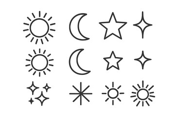 Poster - Sun moon star sparkle thin line icon set with radiating rays, crescent moon, outlined star, stroke celestial symbols, editable stroke vector isolated on transparent background