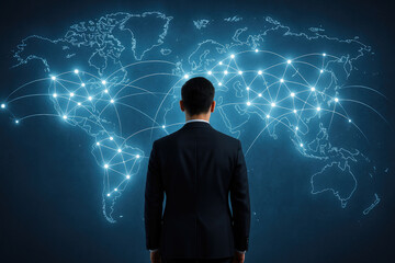 Poster - Businessman observing global network connections suit world map