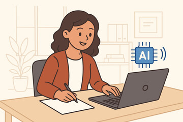 Poster - Artificial intelligence at work concept with businesswoman writing notes while laptop shows AI chip icon, office setting, using assistant technology for productivity, illustration