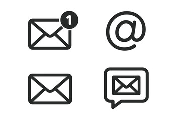 Aufkleber - Email notification icon set with envelope symbols, at sign, inbox message alert badge, chat bubble mail, minimalist line pictograms for communication on transparent background vector