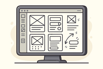 web application prototyping software interface. computer screen showing ux ui design wireframes mock