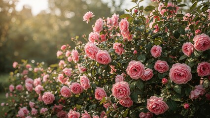 Wall Mural - Charming pink roses blossoming on a shrub background, bloom, sunny seasons, love, greenery, grace, rose, happiness