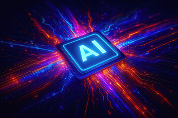 Poster - Glowing blue artificial intelligence chip with vibrant energy circuits AI chip technology