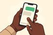 © Joan - Black hands holding a smartphone, typing a message. African American person using a mobile phone for online chat. Communication, social media app concept. Vector illustration.