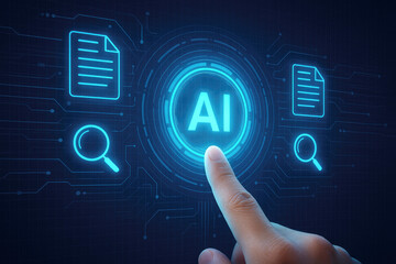 Poster - Human finger interacting with glowing blue AI interface featuring search and document icons