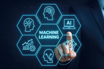 Poster - Human finger interacting with glowing blue machine learning network diagram artificial intelligence