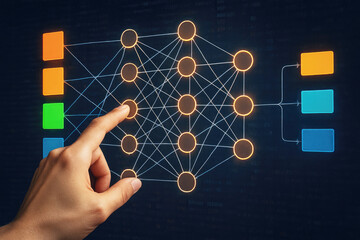 Poster - Human finger interacting with glowing neural network diagram human hand touching