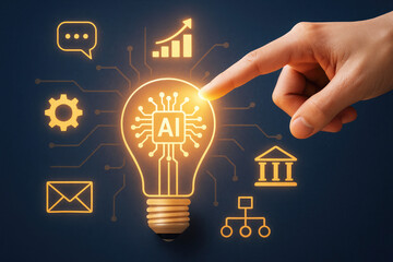 Poster - Human finger touching glowing lightbulb with ai chip and digital icons artificial intelligence