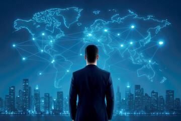 Poster - Man in suit observing global network connections over city skyline back world map
