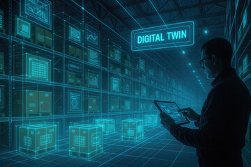 Poster - Man interacting with digital warehouse data tablet digital twin