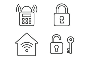 Fototapete - Security system line icon set. Smart home protection, alarm with keypad, and access control. Includes lock, unlock, key, and Wi-fi house symbol. Vector outline icons.