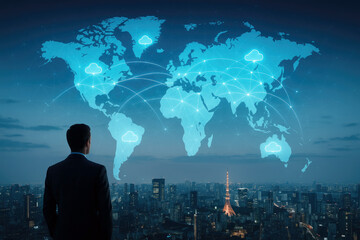 Poster - Man viewing global network connections over city suit skyline