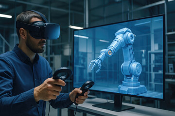 Poster - Man wearing virtual reality headset controlling robotic arm controllers engineering