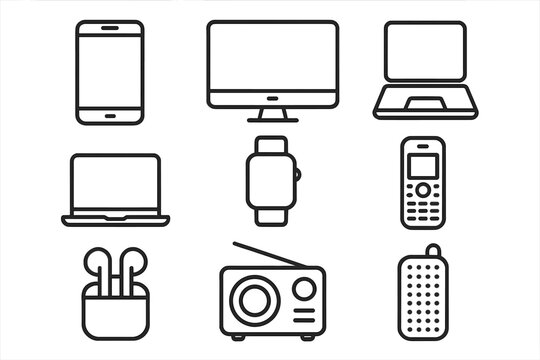 Electronic devices line icon set. Smart mobile gadgets like computer, laptop, phone, smartwatch, earbuds. Technology outline vector icons in linear style for web design.