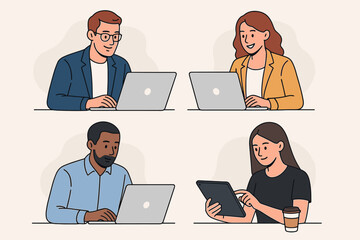 Poster - Remote work team on laptops and tablet, diverse office workers cartoon illustration, online collaboration, telecommute people using devices, freelance workspace concept vector