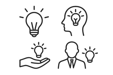 Poster - Idea and innovation line icon set. Glowing light bulb in head, hand, and with businessman. Creativity, solution, and inspiration concepts for web, mobile app. Pictogram.