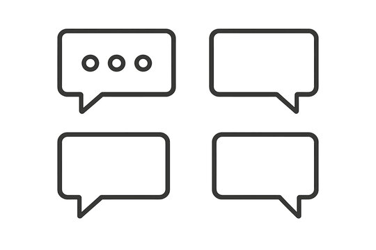 Set of four rectangular chat and speech bubbles. Modern outline icons for message, dialogue, comment, and communication. Vector graphic element for web and UI design. Typing.